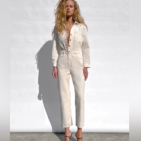 Zara Cream Ecru Utility Boilersuit Button Front Long Sleeve Jumpsuit Sz XS - Picture 4 of 13